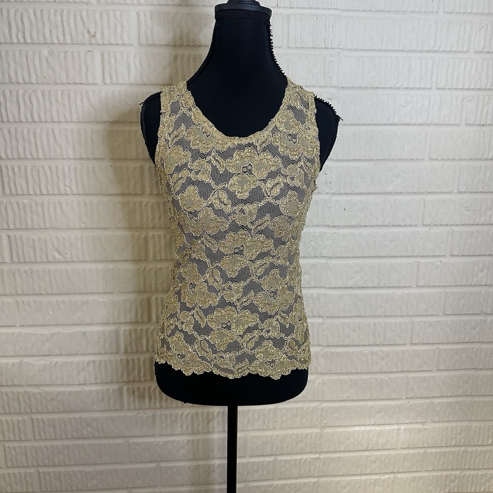 Vintage 80s Victoria's Secret Gold Lace Sheer Sleeveless Tank Top M Cottagecore